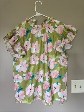 Mod Boutique Olive Green Floral Ruffle Neck Blouse